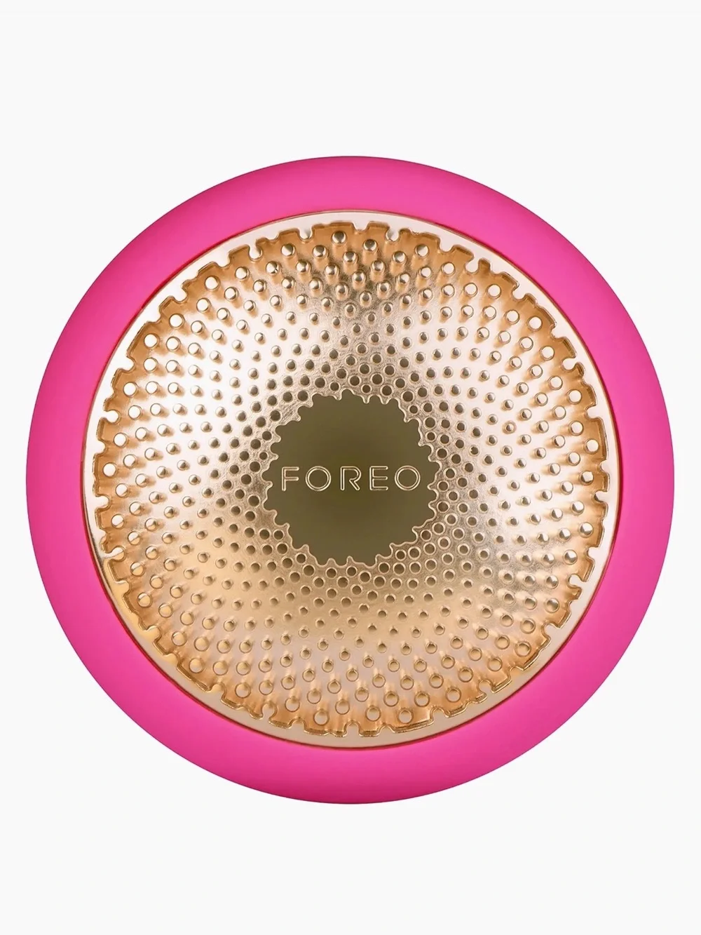 FOREO Mini Facial Cleansing Device in Bright Pink with Gold Accent